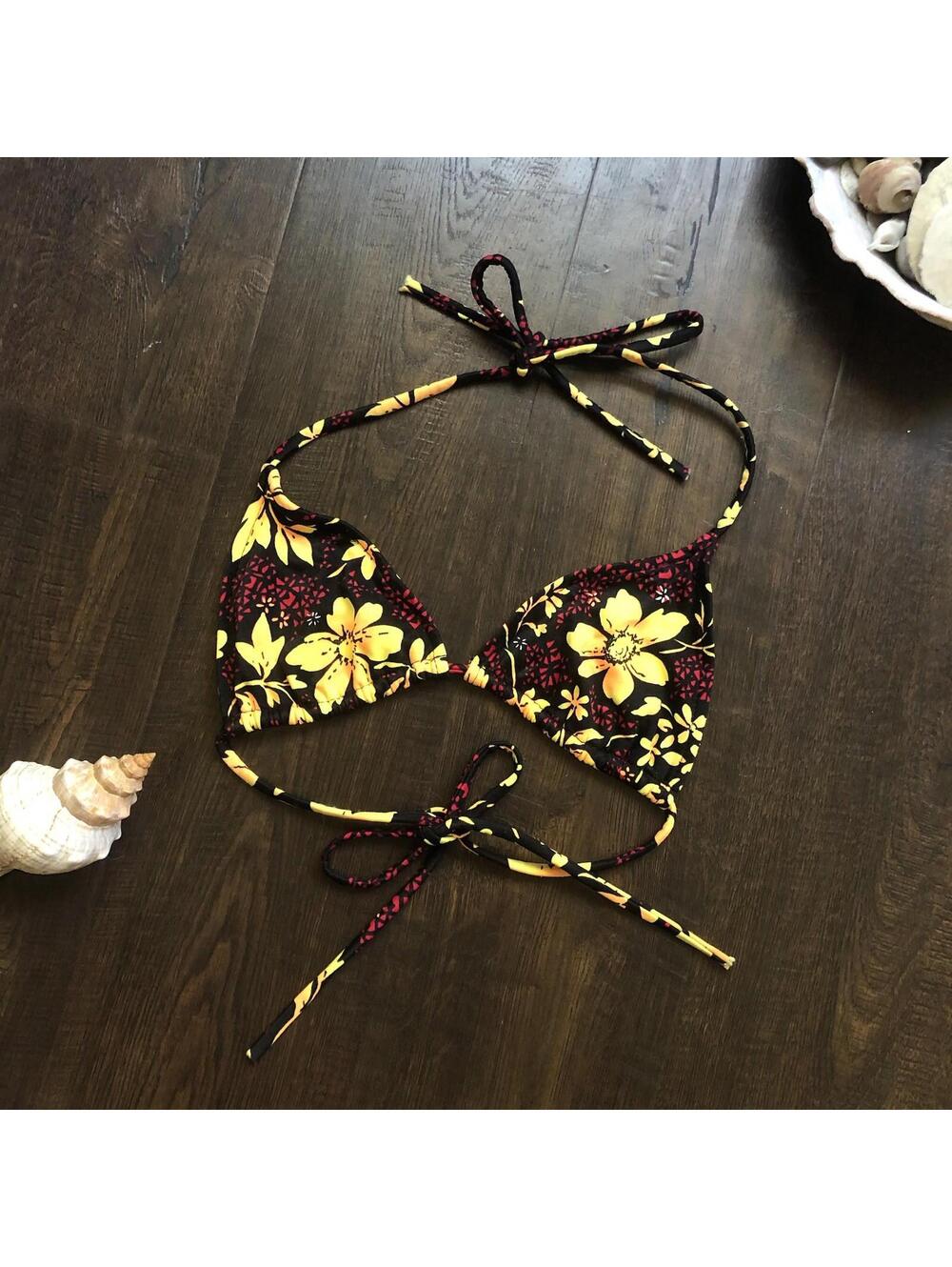 Vintage Hawaiian Tropical Floral Retro Bikini Tie Top Small Hippie Boho Festival